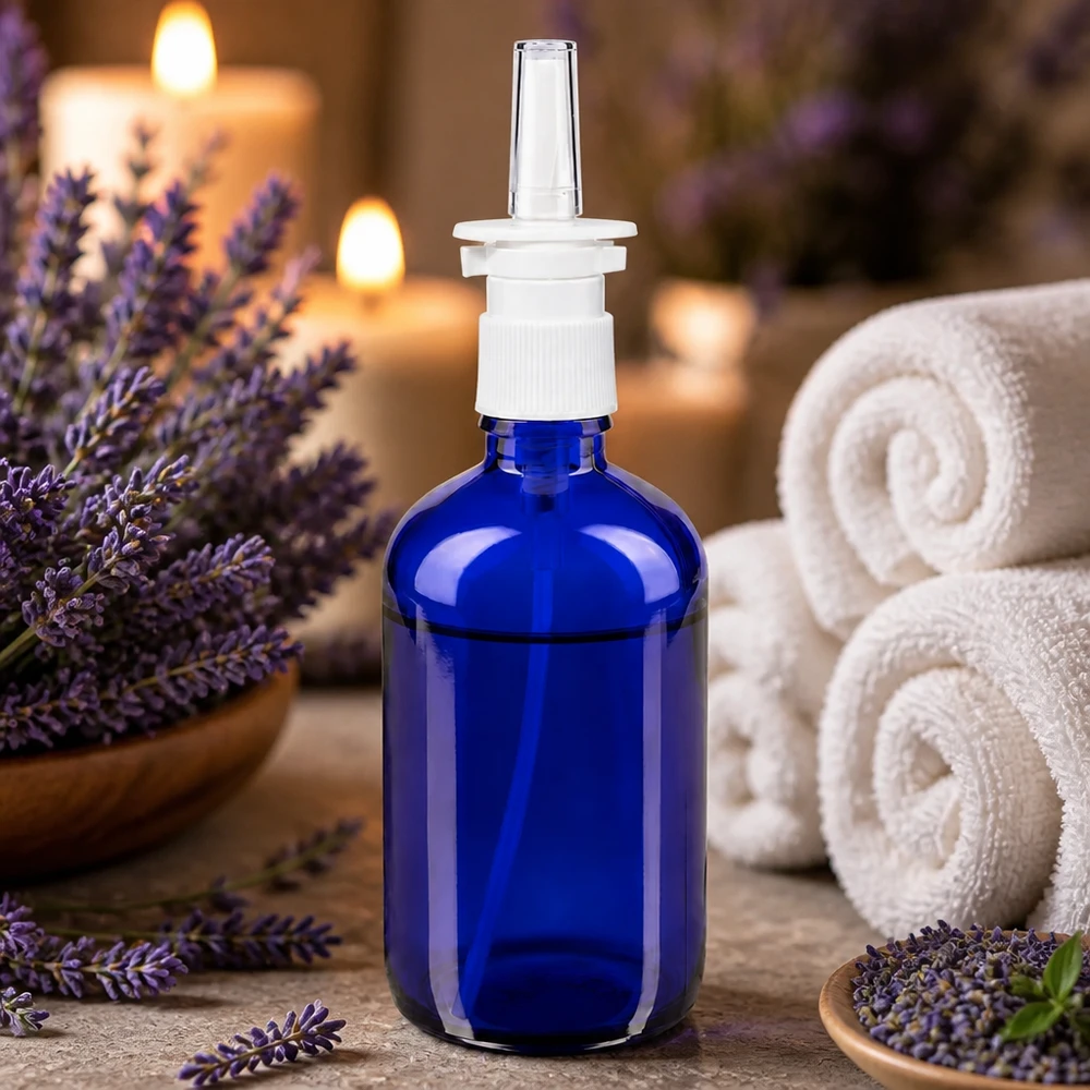 Blå 100 ml apotekerglasflaske til næsespray med hvid sprøjtehoved foran lavendelblomster og stearinlys