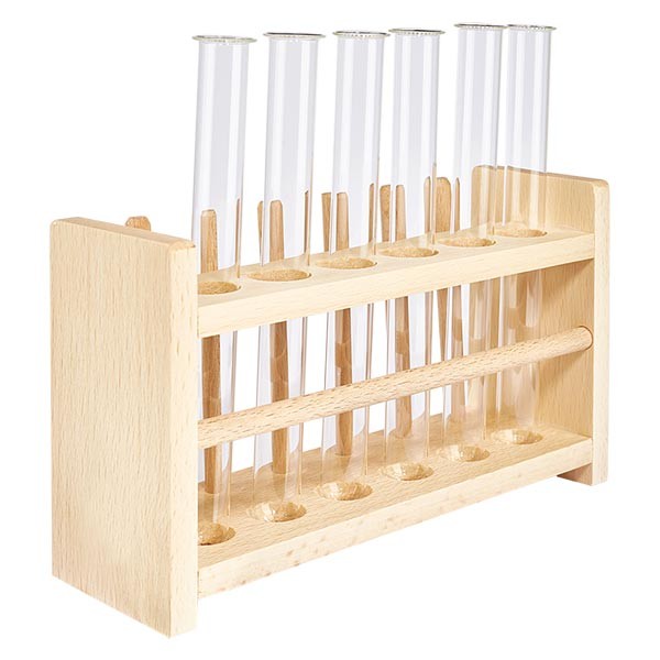 Reagensglasstativ i træ med 6 reagensglas og borosilikat 160x16 Reagensglasstativ i træ med 6 reagensglas og borosilikat 160x16