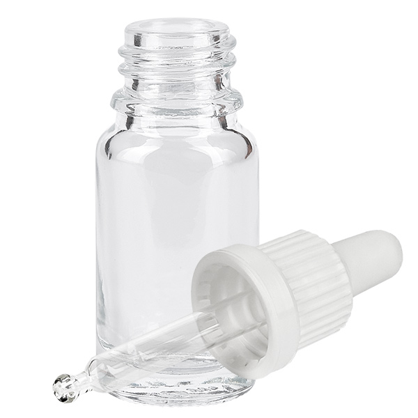 10 ml pipetteflaske hvid OV ClearLine UT18/10 Lille 10 ml pipetteflaske af klart glas med hvid pipettehoved og gummisugekop
