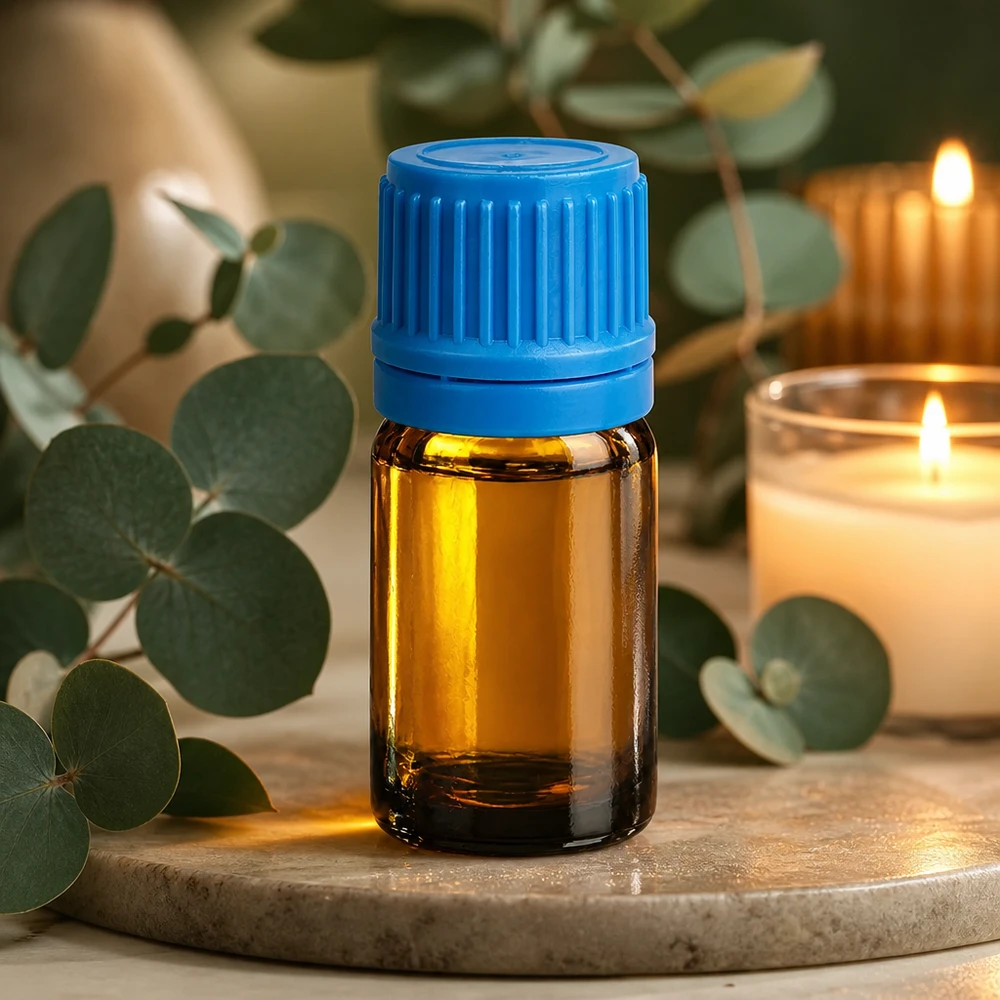 5 ml aromaterapiflaske lavet af UV-beskyttet ravfarvet glas med sikkert blåt skruelåg