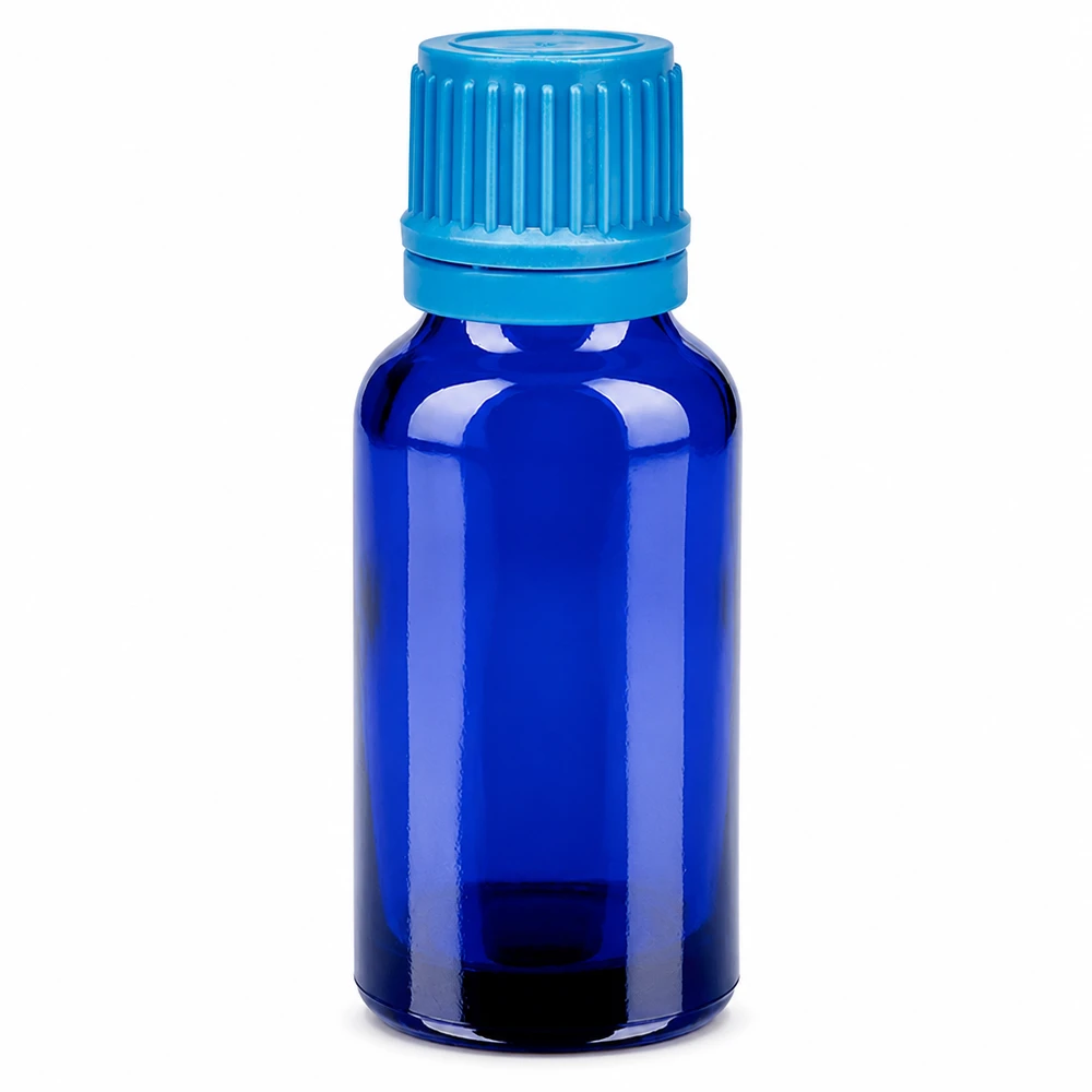 20 ml blå glasflaske med skruelåg til æteriske olier og tinkturer