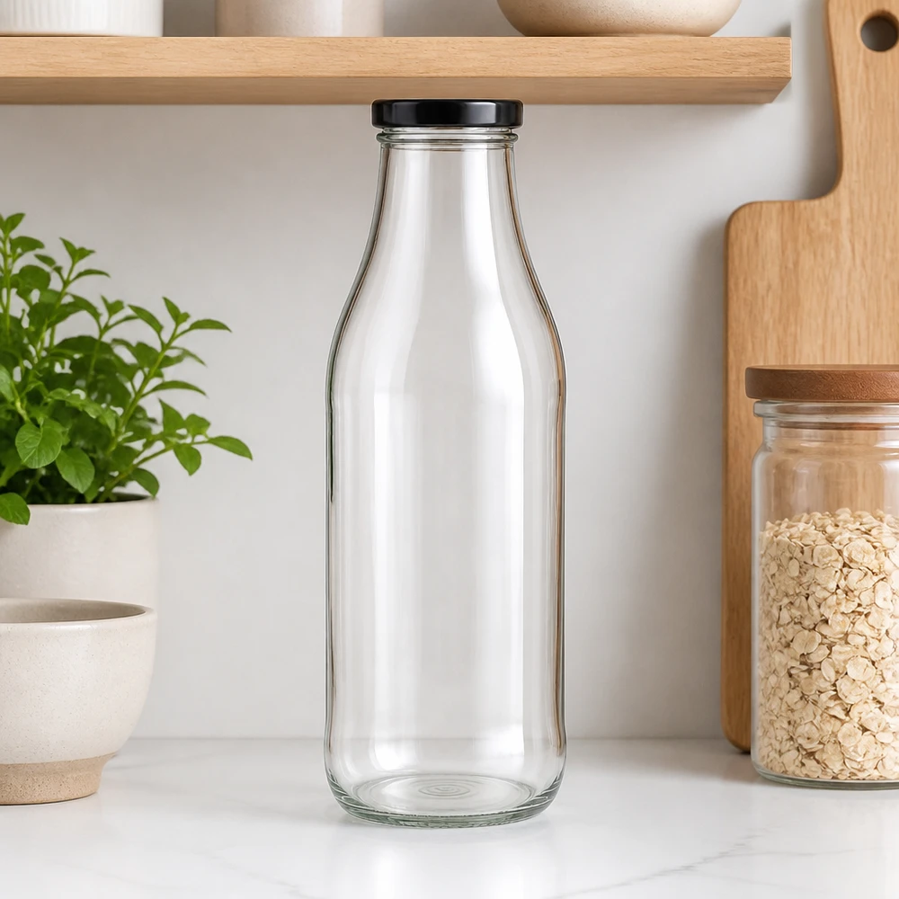 1000 ml glasflaske + BasicSeal-låg sort UNiTWIST. Absolut lækagesikker med stort TO48-låg. Til mælk, juice og limonade. Tom 1000 ml glasflaske med sort låg i moderne køkken ved siden af træhylder og urteplante