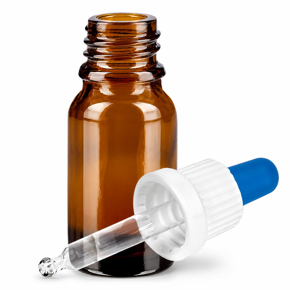 10 ml pipetteflaske hvid/blå OV BrownLine UT18/10 10 ml pipetteflaske i ravfarvet glas med dråbehætte til kosmetik og æteriske olier