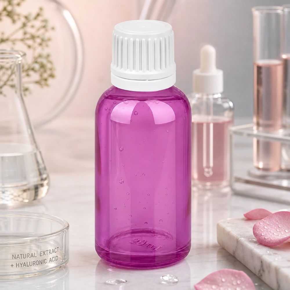 Lilla 30 ml kosmetikflaske med hvidt skruelåg til serum og ansigtspleje