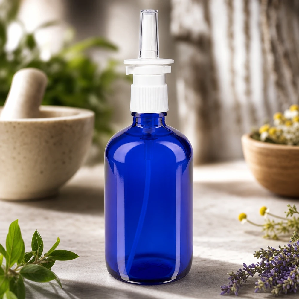 Apoteksflaske blå 100 ml næseforstøver hvid St Blå 100 ml glasflaske med næsesprayhoved mellem Morser-støder og urteskåle