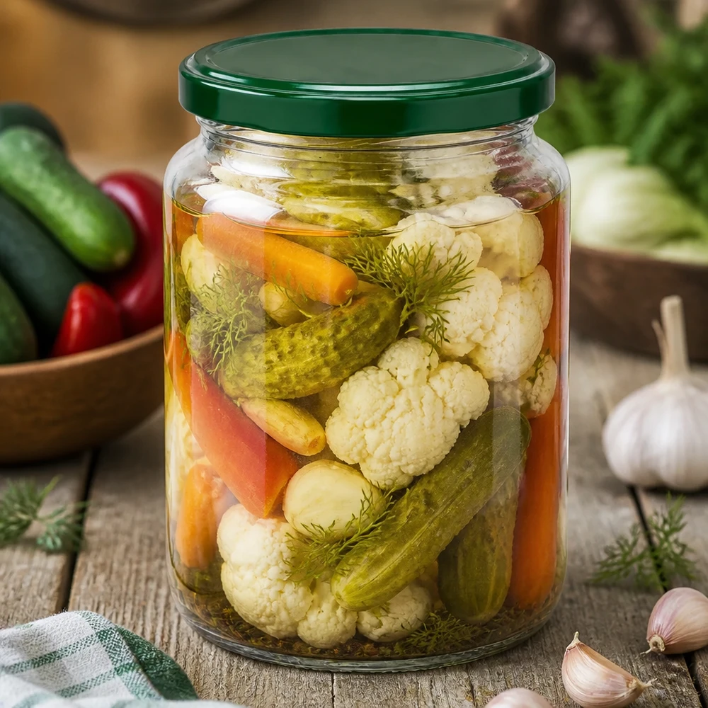 795 ml rund krukke + BasicSeal-låg grøn UNiTWIST UNiTWIST rund krukke 795 ml med syltede blandede grøntsager og dild - grønt BasicSeal-låg til konservering og fermentering