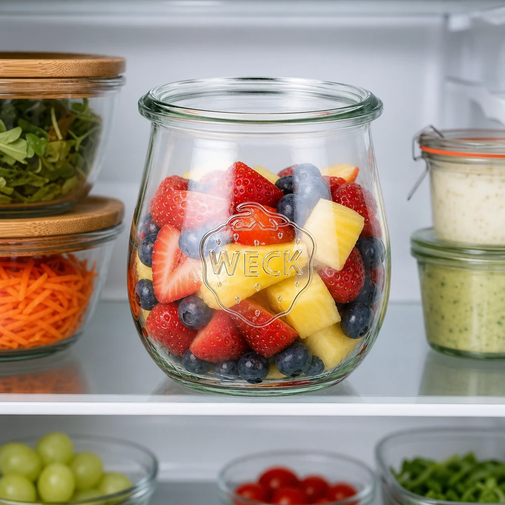 WECK tulipankrukke 220 ml RR60 i køleskabet med frugtsalat af jordbær, blåbær og ananas som beholder til måltidsforberedelse
