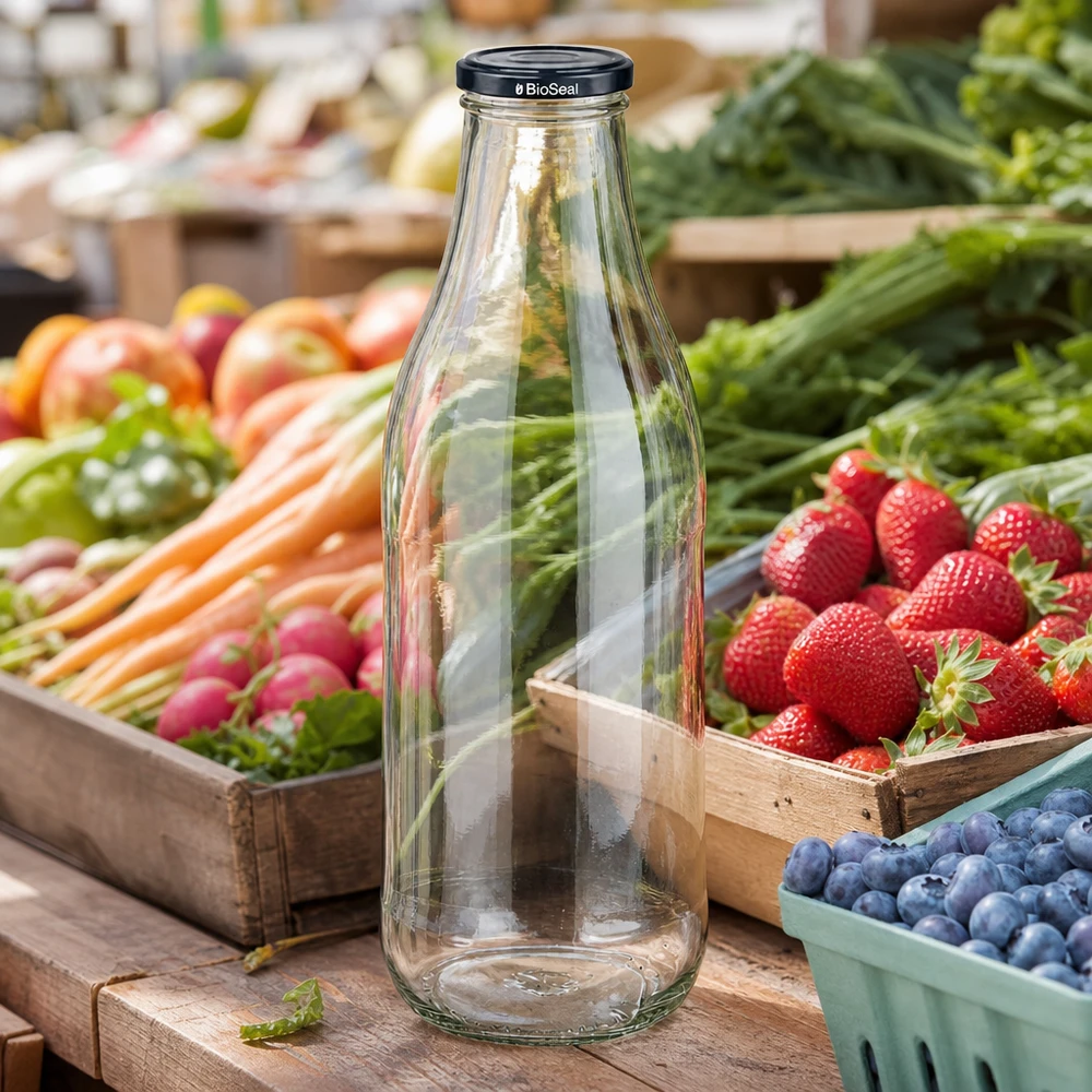 1000 ml glasflaske + BioSeal-låg sort UNiTWIST. Absolut lækagesikker med stort TO48-låg. Til mælk, juice og limonade. 1000 ml glasflaske BioSeal-låg sort markedsbod frisk frugt grøntsager jordbær blåbær bæredygtig regional
