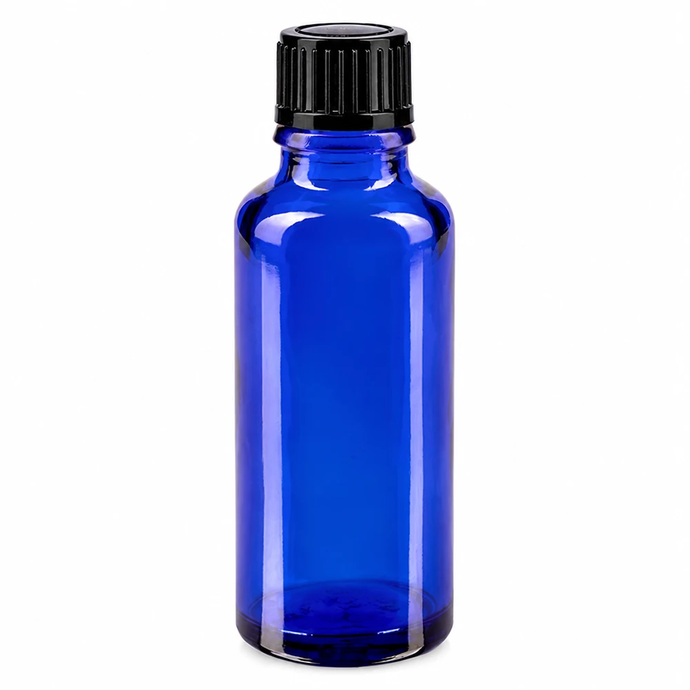 30 ml blå apotekerflaske af glas med sort standardprop, 11 mm