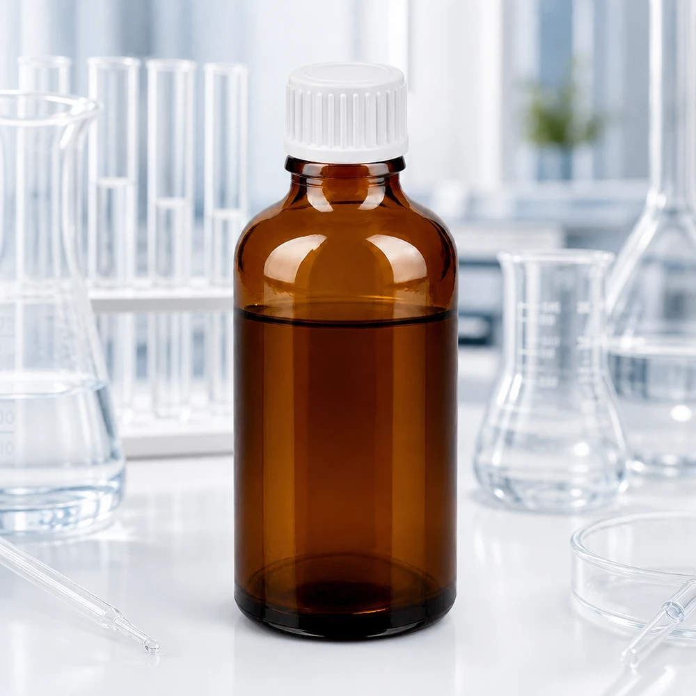 50 ml dråbeflaske 0,9 mm hvid STD BrownLine UT18/50 50 ml glasflaske i rav med hvid dråbehætte til sikker opbevaring af lysfølsomme stoffer