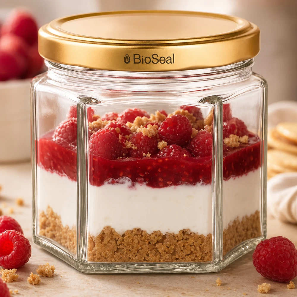 UNiTWIST Hexa47 med gyldent låg TO43 BioSeal UNiTWIST Hexa47 med gyldent BioSeal-låg som dessertglas fyldt med hindbærlagkage og crumble