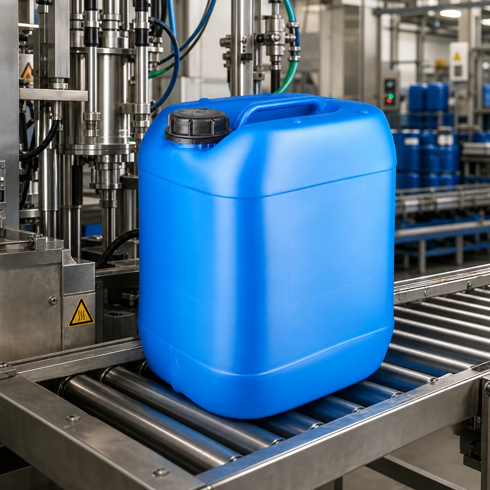 Blå 20-liters dunk med skruelåg på transportbåndet i et industrielt påfyldningsanlæg