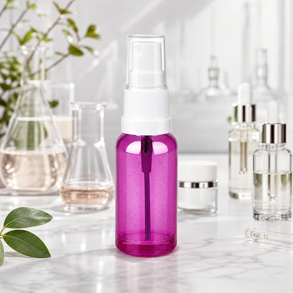 20 ml sprayflaske hvid/transparent Standard PurpleLine UT18/20 Gennemsigtig sprayflaske 20 ml i PurpleLine-design med hvidt sprayhoved til kosmetiske produkter