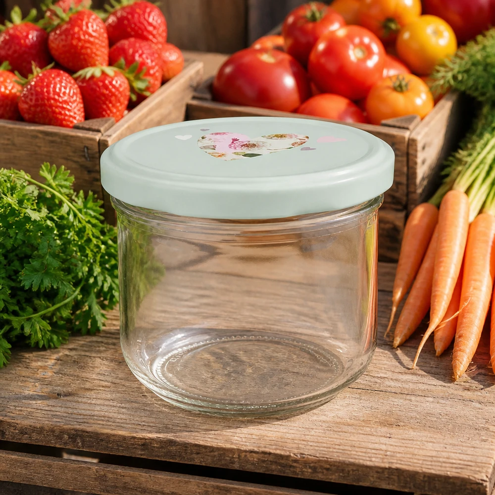 260 ml glas med skrå kant + BasicSeal låg, hjerteformet, mint UNiTWIST 260 ml glaskrukke tom med mintgrønt BasicSeal-låg foran friske tomater, jordbær og gulerødder på et træbord