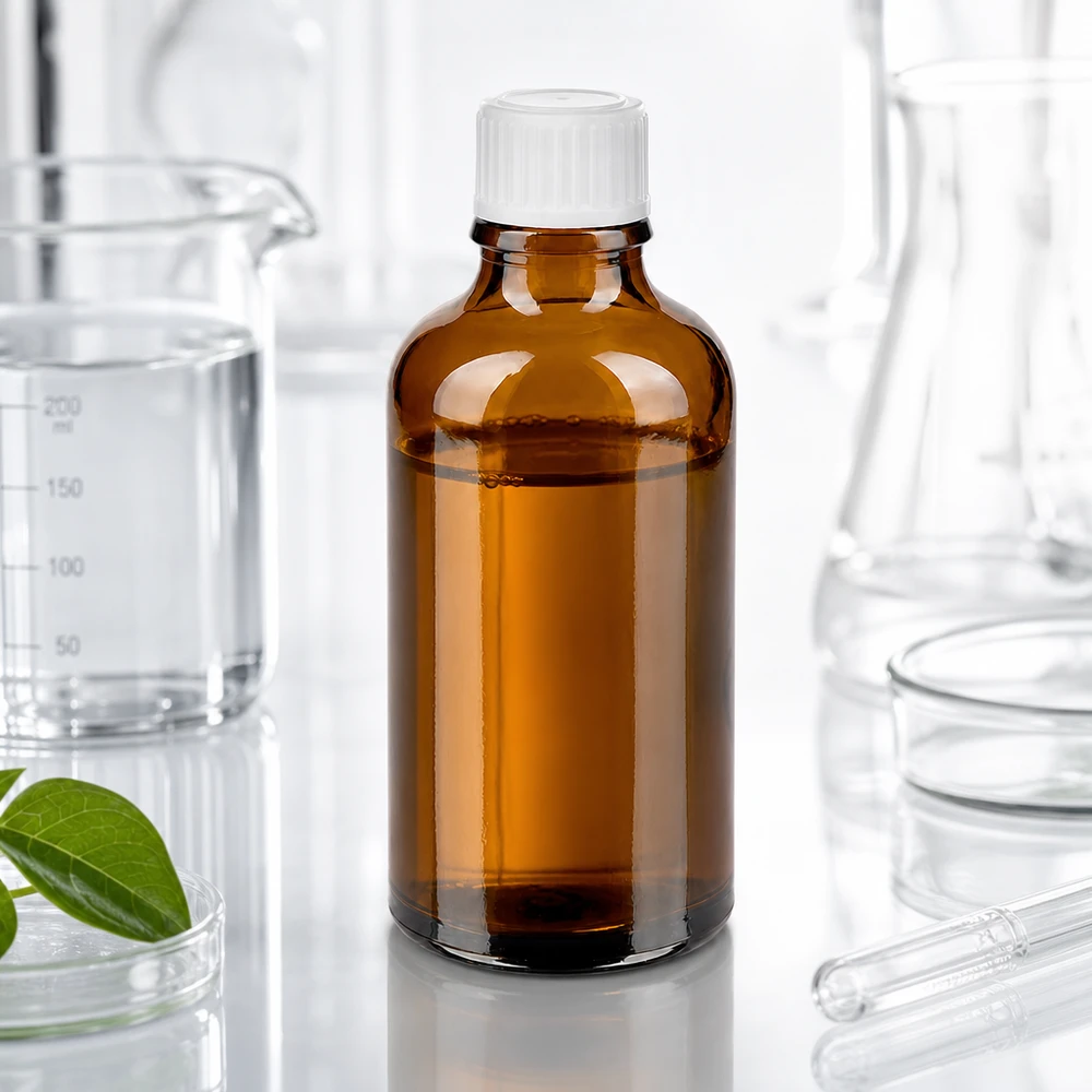 50 ml brun glasflaske med hvid standardprop i et professionelt laboratoriemiljø