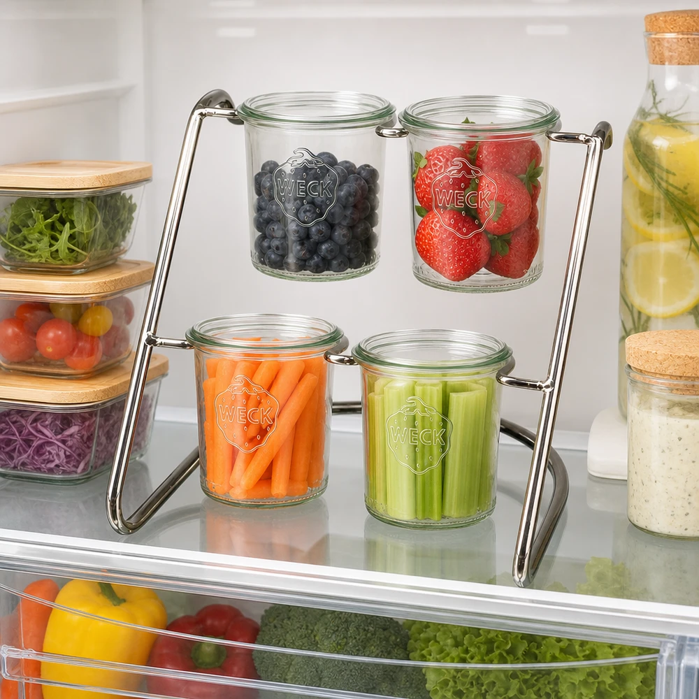 Serverstativ Flato4 til 4 WECK-glas WECK Serviergestell Flato4 im Kühlschrank - platzsparende Ordnung für Beeren, Gemüse und Snacks in Sturzgläsern