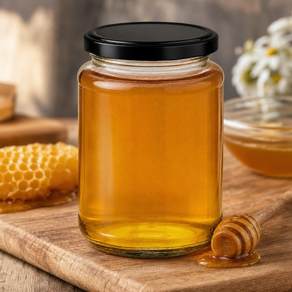 382 ml rund krukke med BasicSeal-låg sort UNiTWIST 382 ml rund krukke BasicSeal sort rustikt trælook med honningtavle honningdipper traditionel biavl naturprodukt