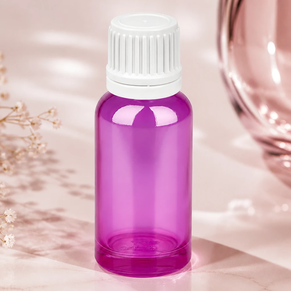 20 ml dråbeflaske 0,7 mm hvid Originality skruelåg PurpleLine UT18/20 20 ml dråbeflaske af højkvalitetsplast i Purple Line-design med hvid dråbehætte