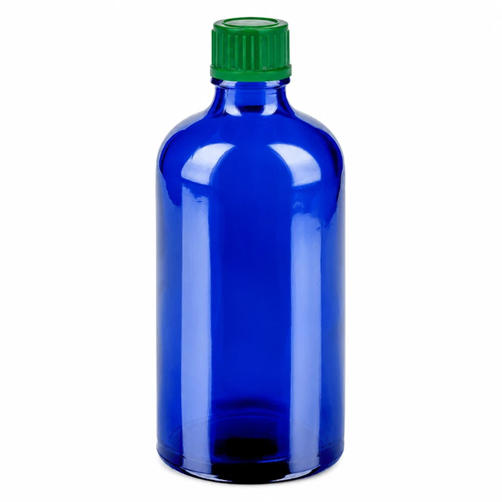 100 ml blå glasflaske med grønt skruelåg til kosmetik og lægemidler