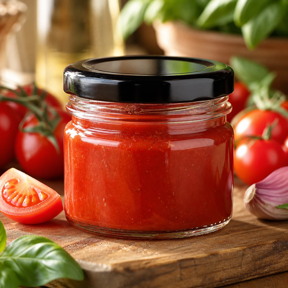 33 ml rundt glas + BasicSeal-låg, sort, UNiTWIST Tomatsauce i et rundt glas på 33 ml med et sort BasicSeal-låg på et træbræt med friske tomater
