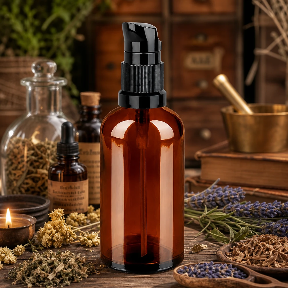 100 ml pumpeflaske sort STD BrownLine UT18/100 Kompakt 100 ml pumpeflaske af ravfarvet glas med sort pumpeforsats til præcis dosering