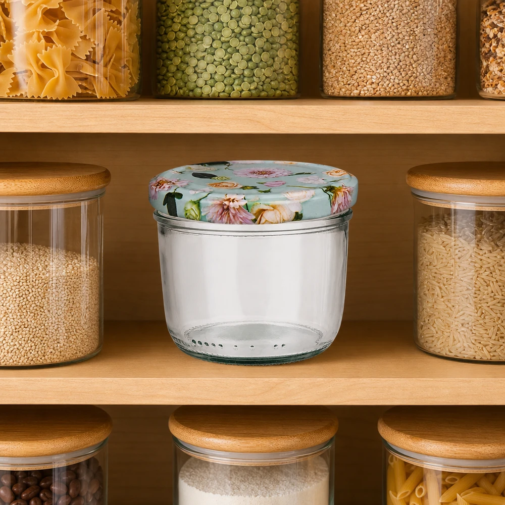 230 ml væltet glas + BasicSeal låg Blume mint UNiTWIST 230 ml murerbalje med mintgrønt blomsterlåg i spisekammeret mellem krukker med pasta, linser og ris