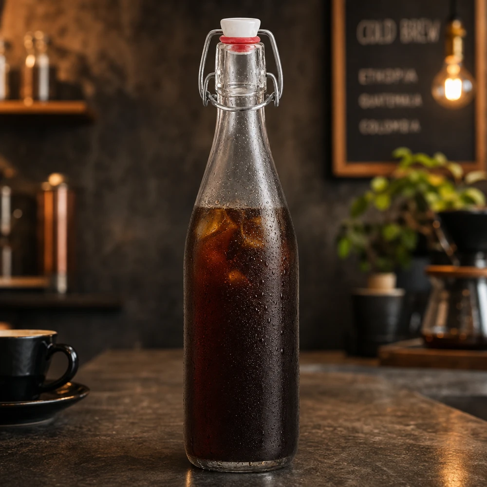 500 ml glasflaske og hængelåg i PVC UNiTWIST 500 ml glasflaske med svingtop fyldt med koldbrygget kaffe i en rustik caféstemning