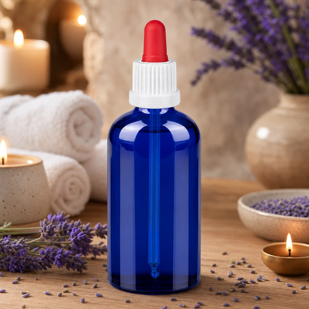 100 ml pipetteflaske hvid/rød OV BlueLine UT18/100 100 ml pipetteflaske i høj kvalitet i elegant blå med praktisk drypsystem til aromaterapi