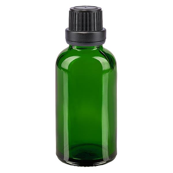 Apoteksflaske grøn 30 ml skruelåg sort tæt OV Apoteksflaske grøn 30 ml skruelåg sort tæt OV