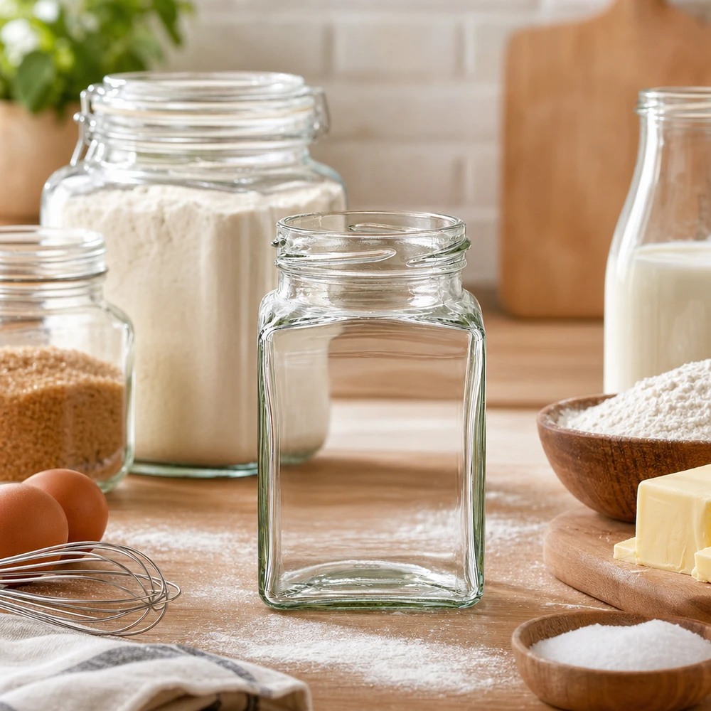UNiTWIST Tetra260 - 4-hjørnebeholder med en kapacitet på 260 ml TO58 Tom UNiTWIST Tetra260 4-hjørnebeholder 260 ml TO58 på køkkenbordet med bageingredienser og opbevaringsglas