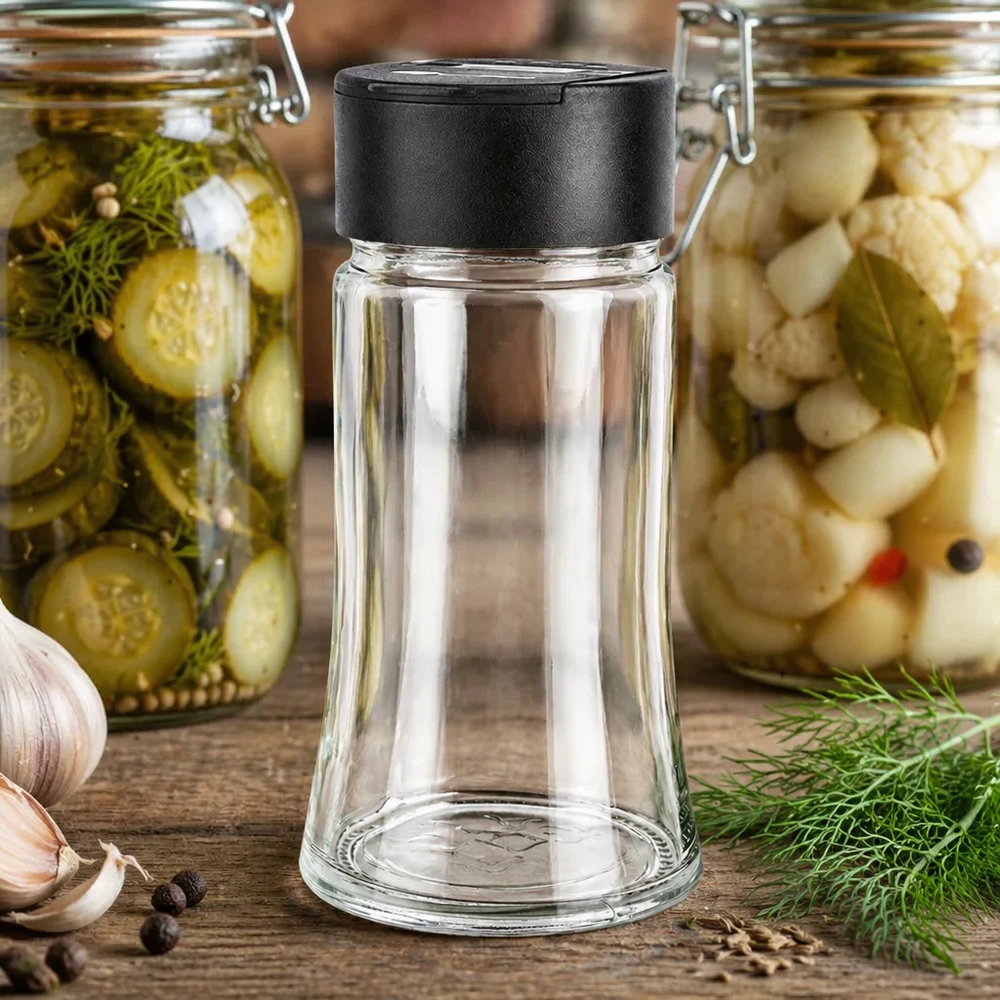Salt-/krydderikrukke 95 ml med dobbelt strøer, sort Lille krydderiglas på 95 ml med sort dobbeltkrydderistrøer mellem syltede agurker og blomkål