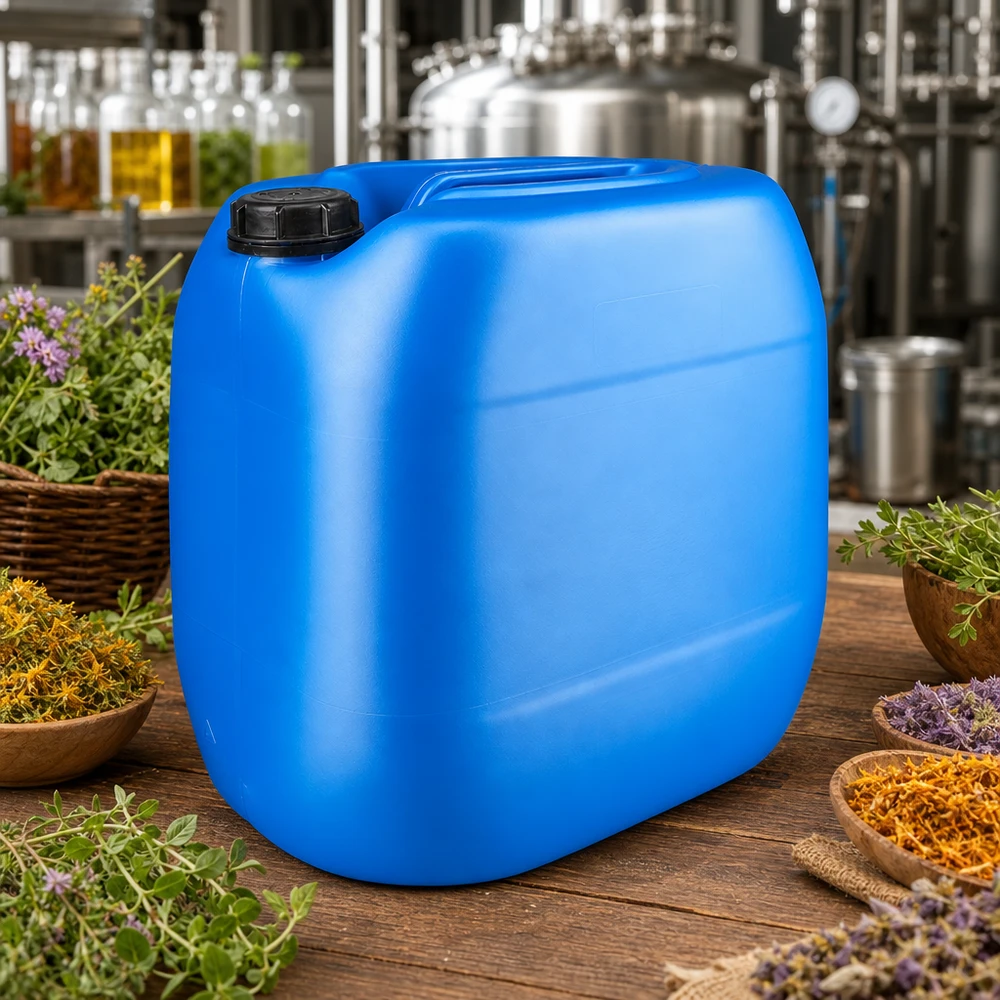 30 liters blå dunk med skruelåg OV Blå 30-liters dunk med OV-skruelåg omgivet af urter og et destillationsanlæg