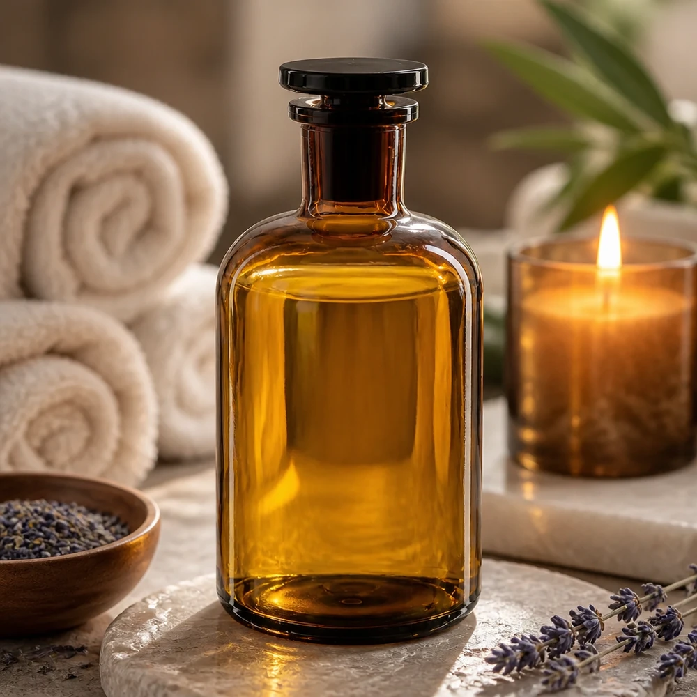 Rund skulderflaske 500 ml brun glasprop med smal hals Spa Ambiente brun flaske med runde skuldre, 500 ml, smal hals, glasprop, til opbevaring af aromaolie