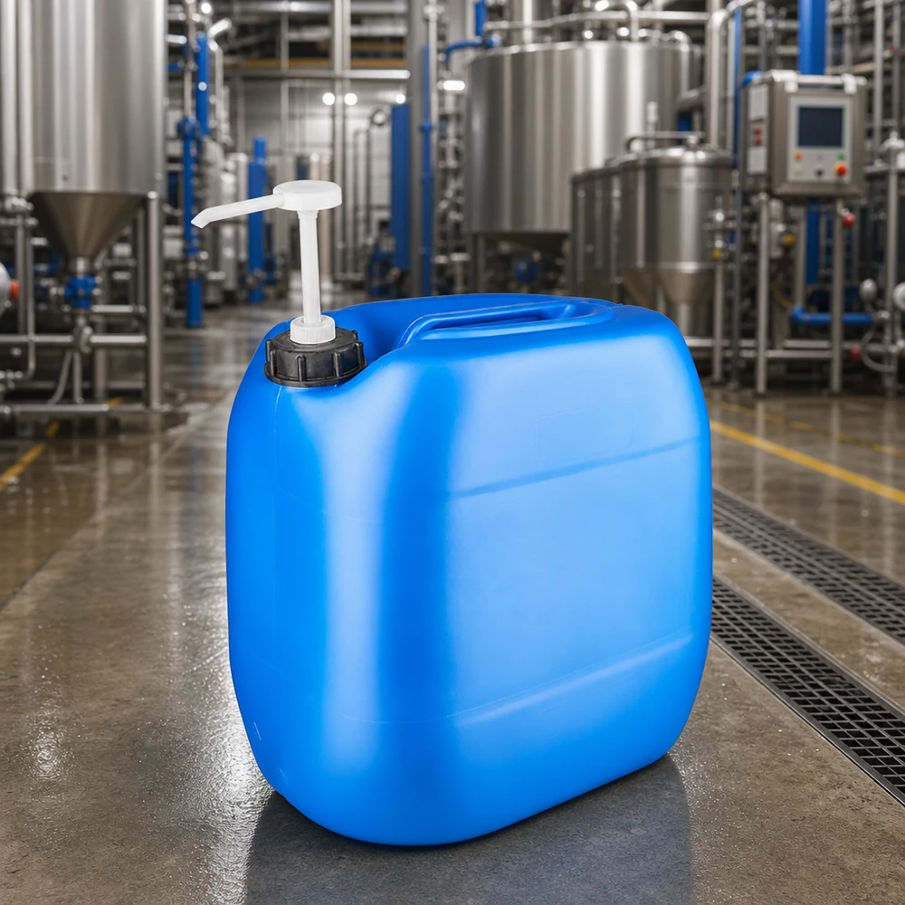 30 liters blå dunk med doseringspumpe Rektangulær 30-liters industrikanister i blå med doseringspumpe i et moderne produktionsanlæg