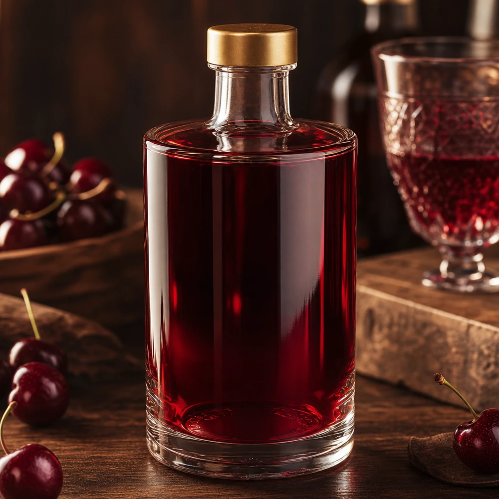 375 ml glasflaske Sam + skruelåg guld UNiTWIST® 375 ml glasflaske Sam fyldt med kirsebærlikør gylden UNiTWIST skruelåg kirsebærlikør spiritus ambience