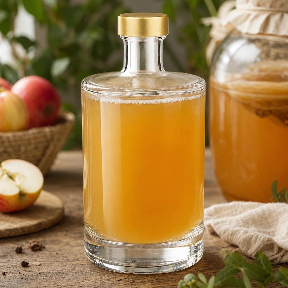 500 ml glasflaske »Sam« + skruelåg guld UNiTWIST® 500 ml glasflaske Sam fyldt med æblejuice gylden UNiTWIST-kapsel rustik æbledekoration træbord