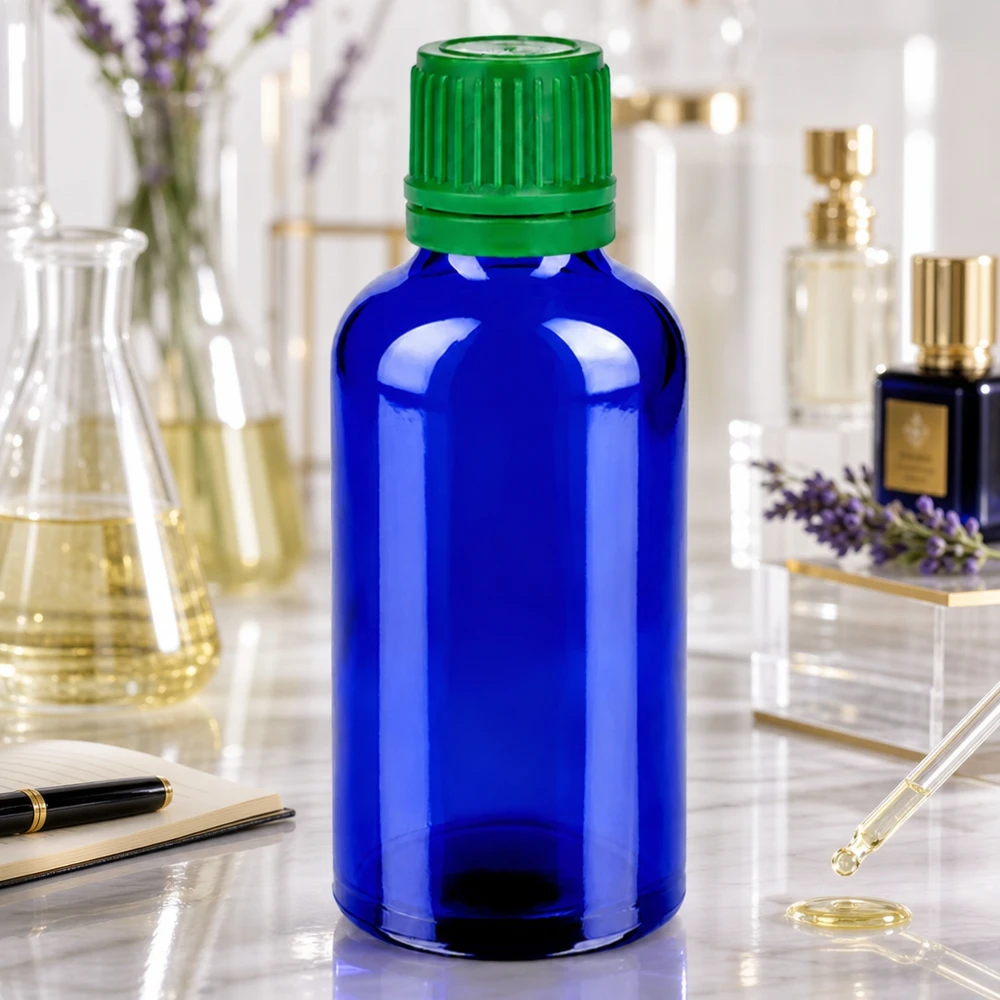Professionelt 50 ml laboratorieudstyr med blå glasflaske og grønt skruelåg SV