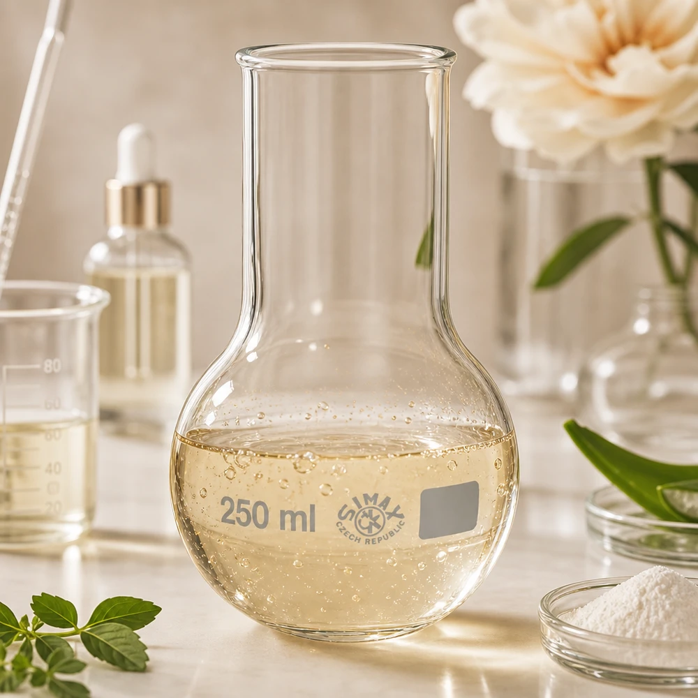 Lommelærke 250 ml med bred hals Borosilikatglaskolbe 250 ml med guldfarvet indhold til kosmetik og naturprodukter