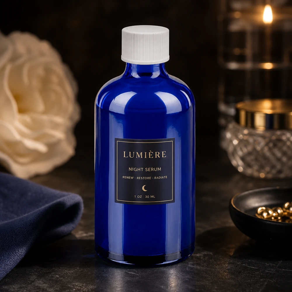 100 ml flaske 11 mm SV hvid STD BlueLine UT18/100 Premium BlueLine-glasflaske 100 ml med UV-beskyttelse og hvid standardhætte til serum