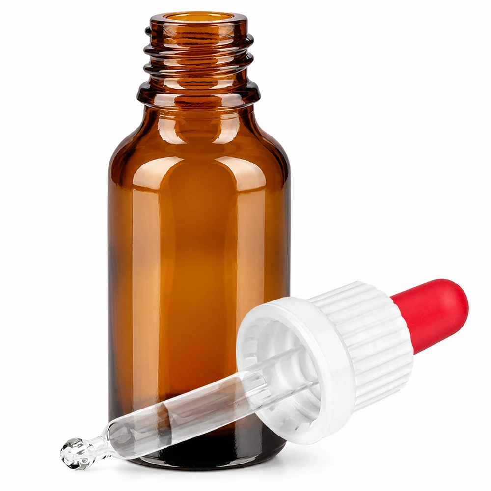 20 ml pipetteflaske hvid/rød OV BrownLine UT18/20 20 ml ravfarvet glasflaske med pipettehætte til drypapplikationer og præcis dosering