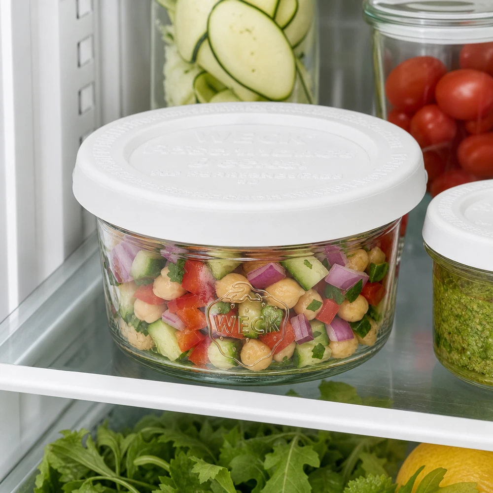 50 ml Briller med friskhedslåg WECK RR60 WECK 50 ml RR60-bægre med farverig salat i køleskabet mellem friske ingredienser til praktisk opbevaring af måltidstilberedning