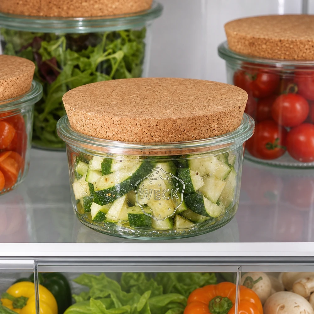 165 ml Briller WECK RR80 med kork natur WECK krukke 165ml RR80 kork låg køleskab grøntsager agurker tomater salat frisk opbevaring Meal Prep