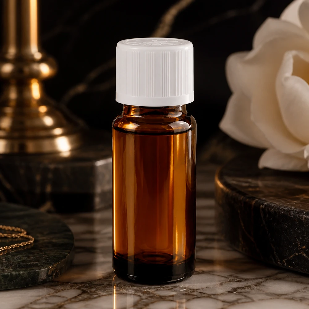 Brun 10 ml dråbeflaske af apotekerglas med hvidt KiSi-låg på marmor ved siden af en hvid rose