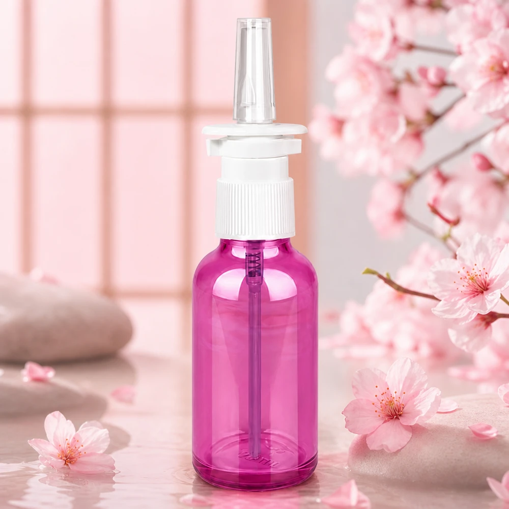 30 ml næsesprayflaske hvid/transparent standard PurpleLine. UT18/30 30 ml næsesprayflaske af høj kvalitet med STD-gevind i et stilfuldt lilla look til farmaceutiske produkter