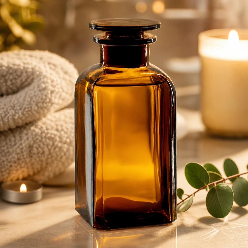 Firkantet flaske 350 ml brun glasprop med bred hals Ravfarvet firkantet flaske på 350 ml med glasprop i en afslappet spa-atmosfære med stearinlys