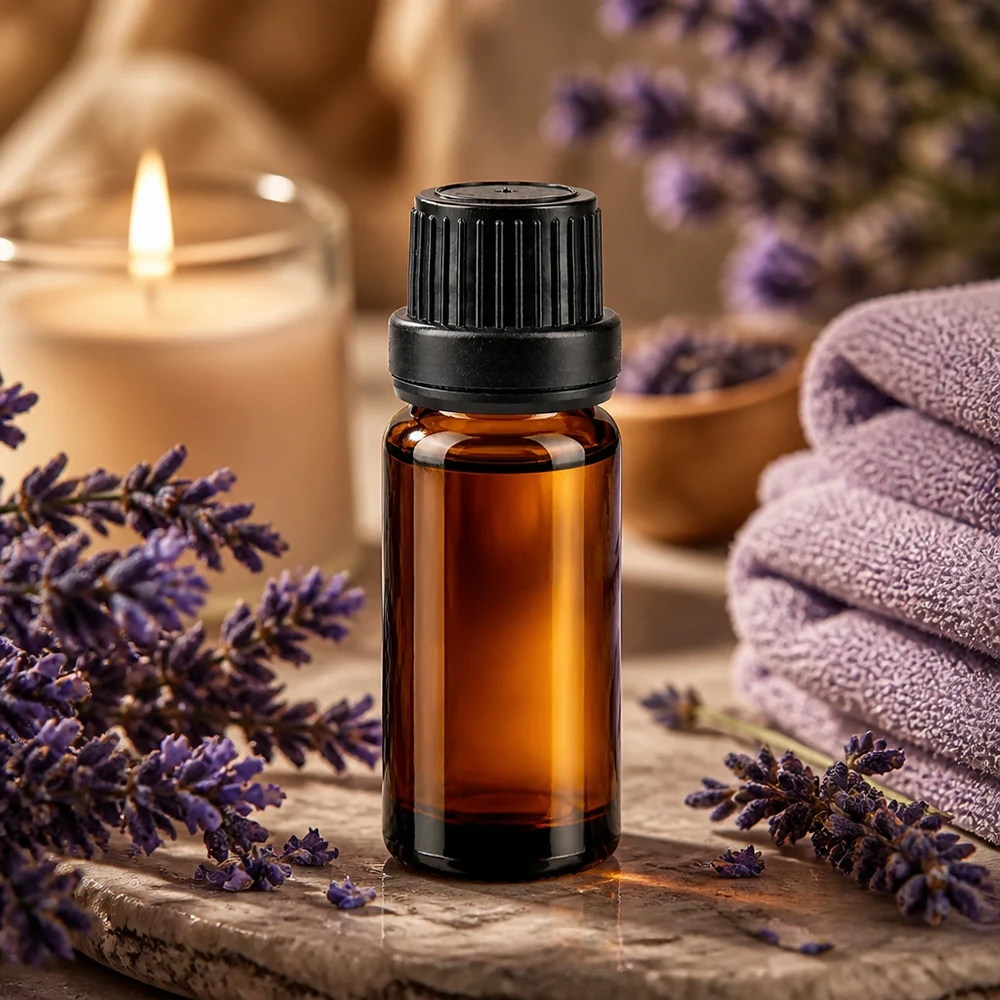 Brun apotekerflaske på 10 ml med sort OV-lukning ved siden af lavendelblomster og et stearinlys