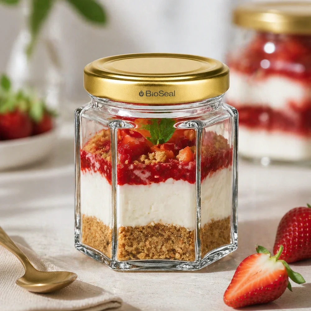 60 g honningglas med gyldent BioSeal UNiTWIST-låg BioSeal 60 g honningkrukke med lagdelt dessert jordbær-cheesecake fyldt ved siden af gylden ske og friske jordbær