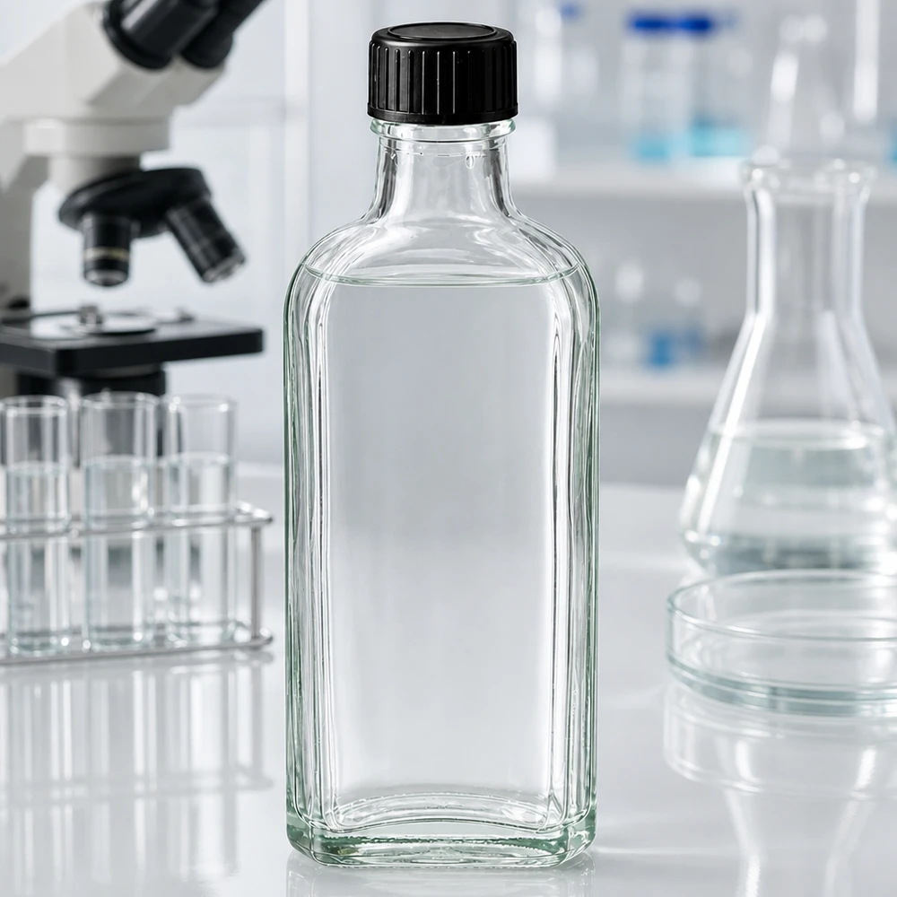 100 ml Meplat klar skruelåg med LKD-forseglingsskive Flad Meplat-glasflaske, 100 ml, gennemsigtig, med sort plastprop til brug i laboratoriemiljøet