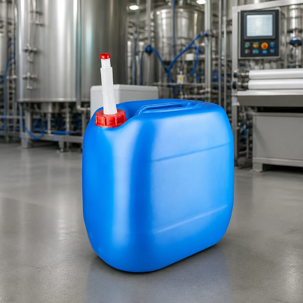 30-liters industrikanister i blå med hvidt fleksibelt udløbsrør i et moderne produktionsanlæg