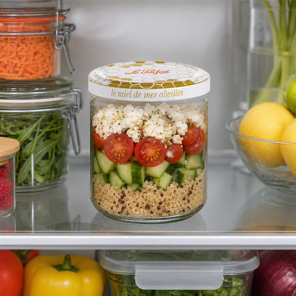 Le Parfait® honningglas 212 ml Ø63 mm Le Parfait Honey opbevaringsglas 212 ml med lagdelt salat af quinoa agurk tomater og feta i køleskabet